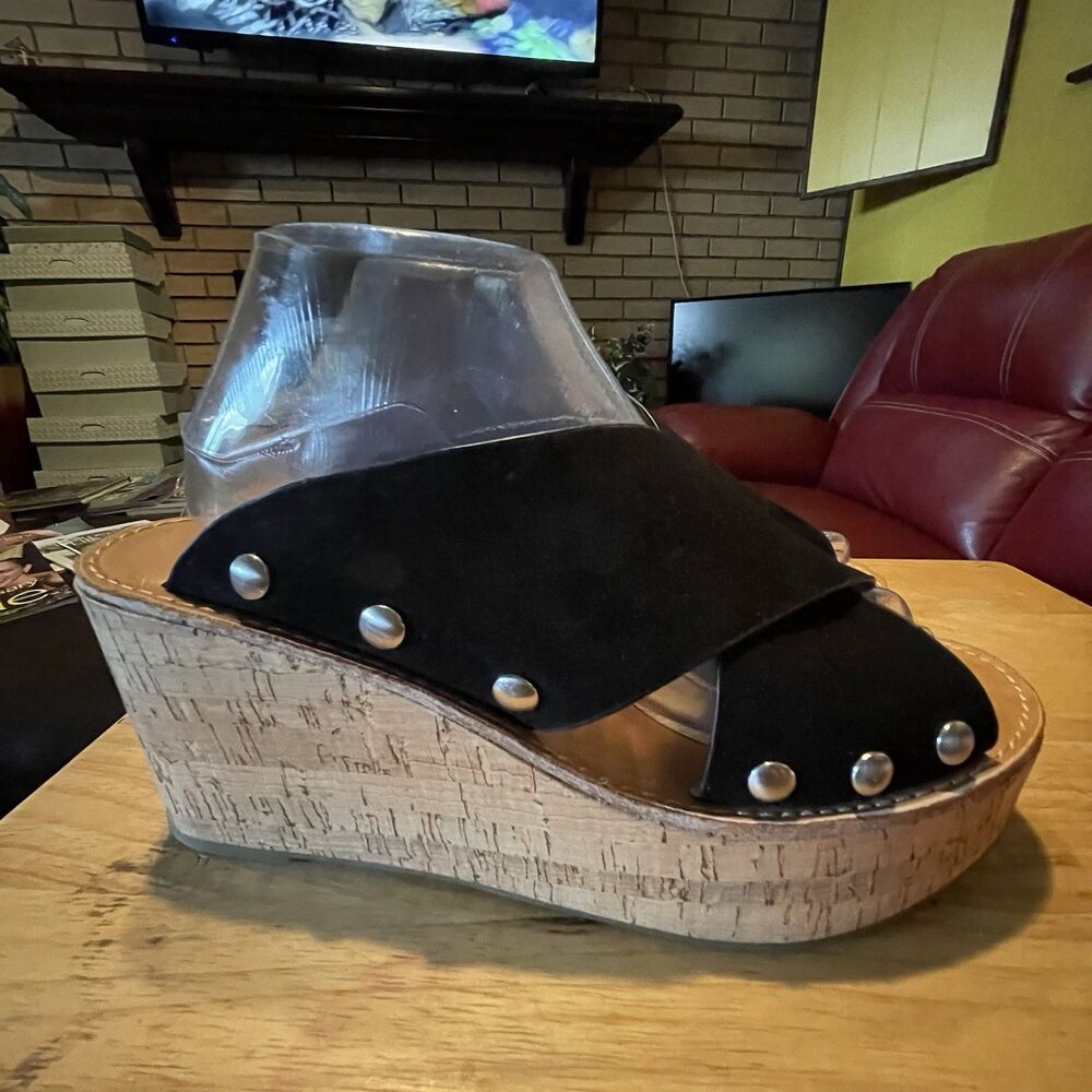 Chinese Laundry Wedge Cork Sandals with studs, Black Suede, Women's US 10 EU 41 - Picture 5 of 16